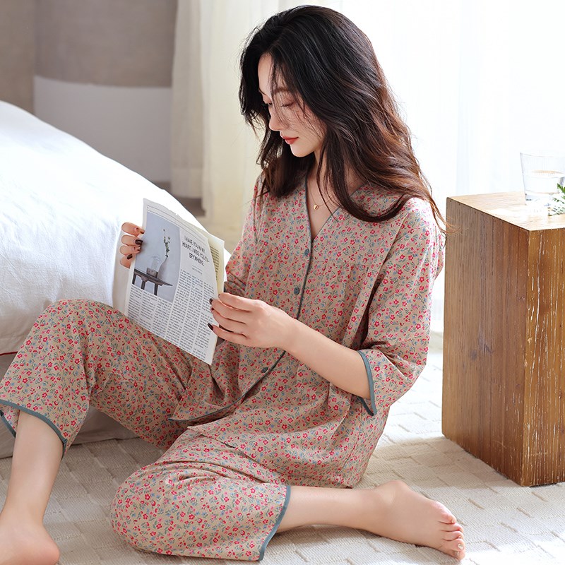 梭织棉纱布睡衣女春秋纯棉七分袖薄款夏季开衫大码中年妈妈家居服