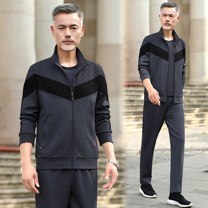 中老年运动套装男春秋季爸爸中年卫衣服I时尚休闲大码跑步服三件