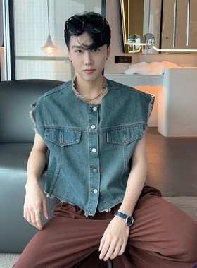 陈大富薄款蓝色无袖牛仔夹克男20B24韩系宽松百搭洗水毛边背心马