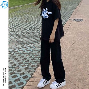 黑色牛仔裤女夏季高腰美式高街学生小个子垂感拖地直筒阔腿长裤子