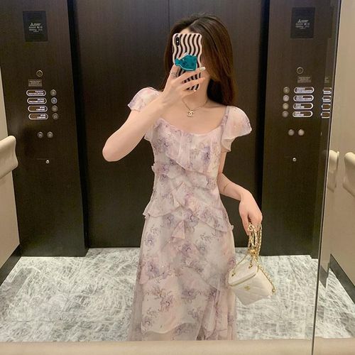法式碎花连衣裙夏季女装2024年新款小众设计感收腰显瘦不规则长裙