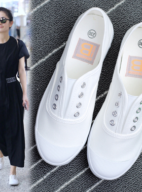 新款20c20春季百搭小白鞋女鞋一脚蹬学生韩版黑色休闲懒人帆布鞋