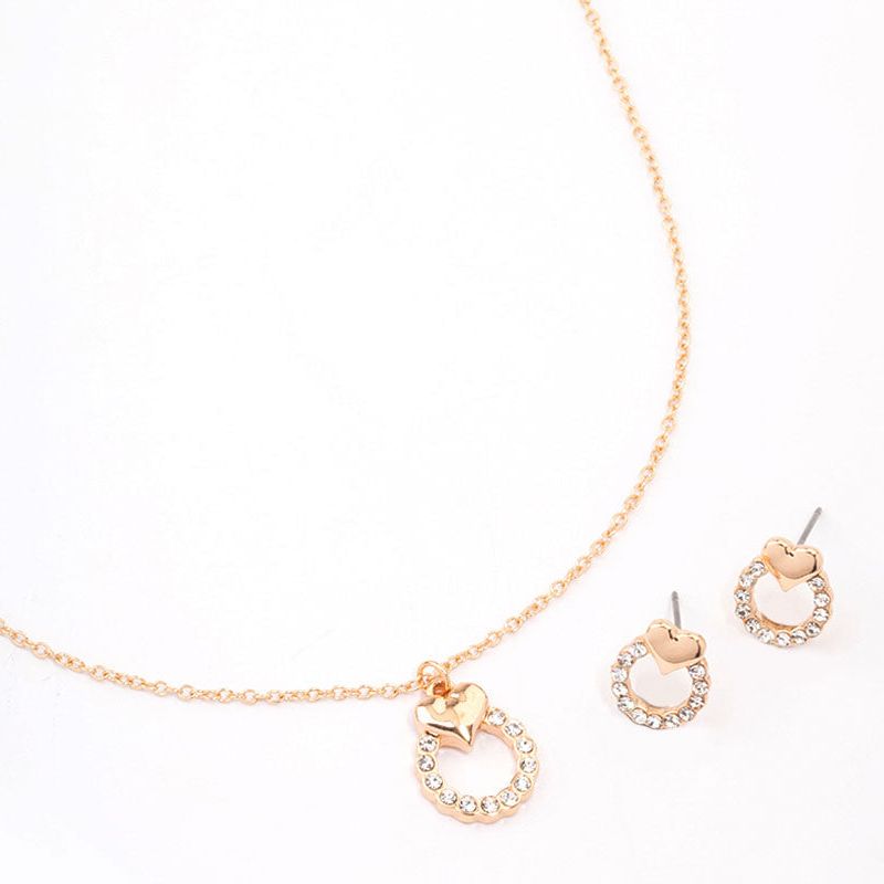 金色水钻环状爱心项链耳钉套装心意礼物表白女生节日七夕送女朋友