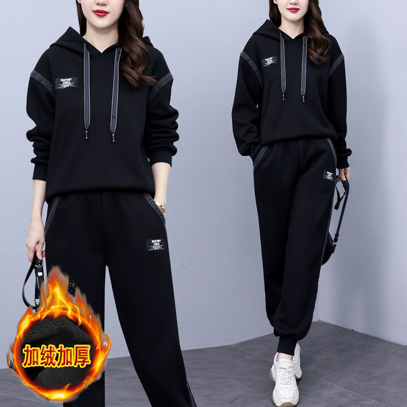 大码卫衣女秋冬套装加绒加厚2024新款胖mm女装牛仔拼接时尚两件套