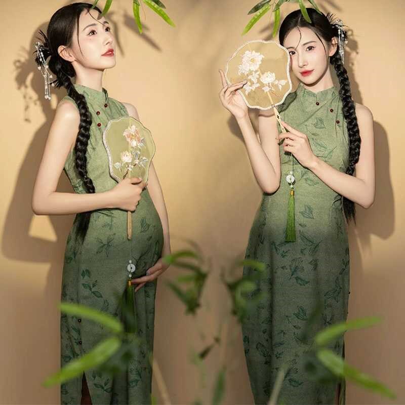 晨拍旗袍复古绿色蕾丝新中式中国风新中式挂脖礼服宽松连衣裙服装