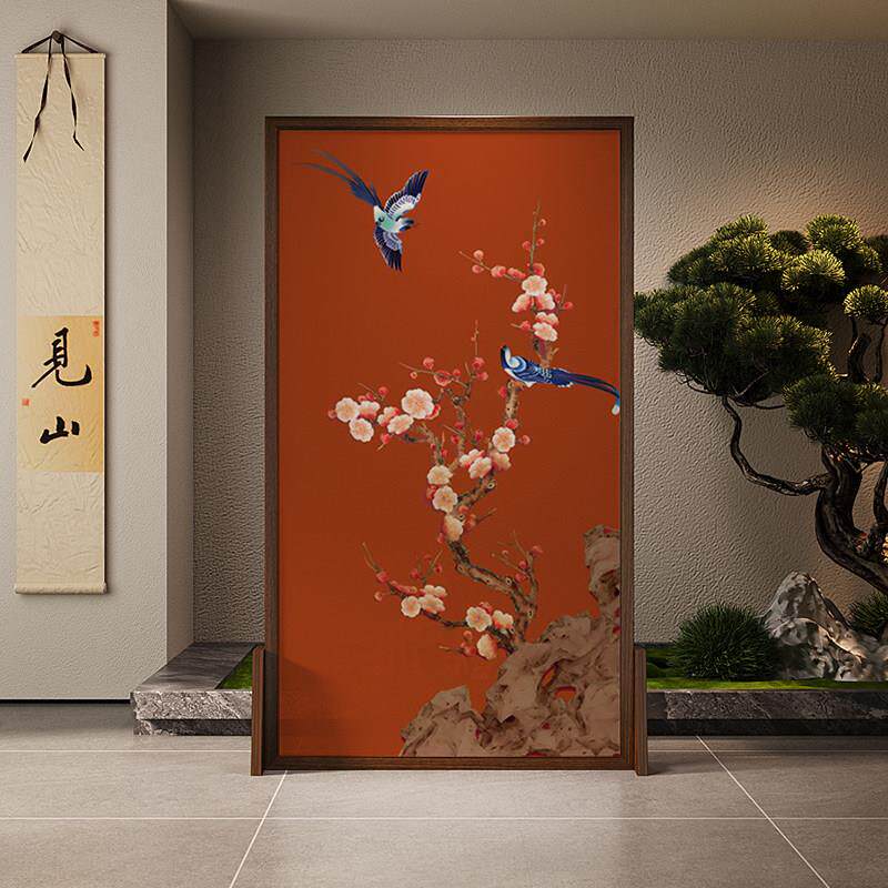 宋式美学新中式屏风隔断客厅玄关卧室茶室背景墙实木红色花鸟座屏