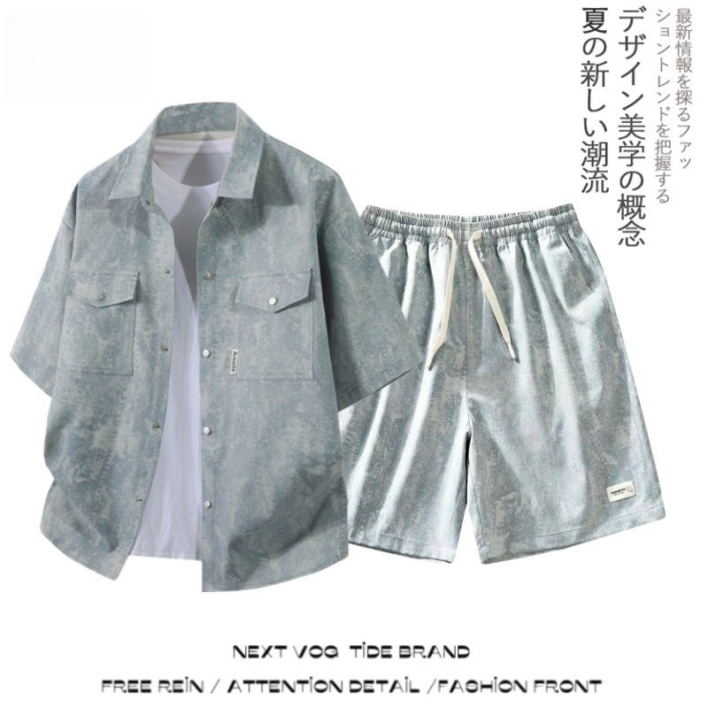 短袖牛仔衬衫套装男两件套夏季2025新款潮流休闲加肥加大码五分裤