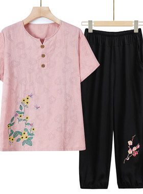 2023新款中老年人妈妈棉麻睡衣女款夏季短袖长裤纯棉绸家居服套装