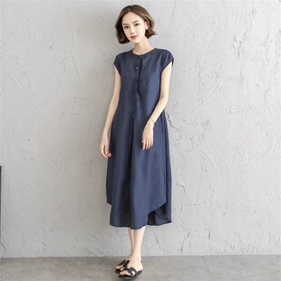 夏季纯亚麻料极简风连衣裙子女装加大码中长宽松文艺休闲简单大方