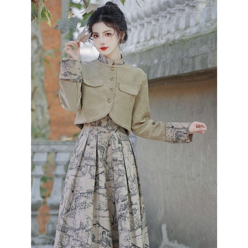 新中式外套春秋中式女装中国风高腰半身裙改良汉服上衣女国风套装