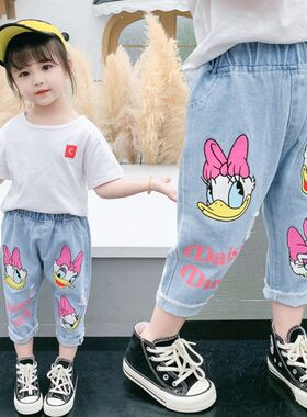 女童夏季牛仔裤薄款1-7岁女宝宝卡通七分裤洋气4儿童夏天裤子宽松