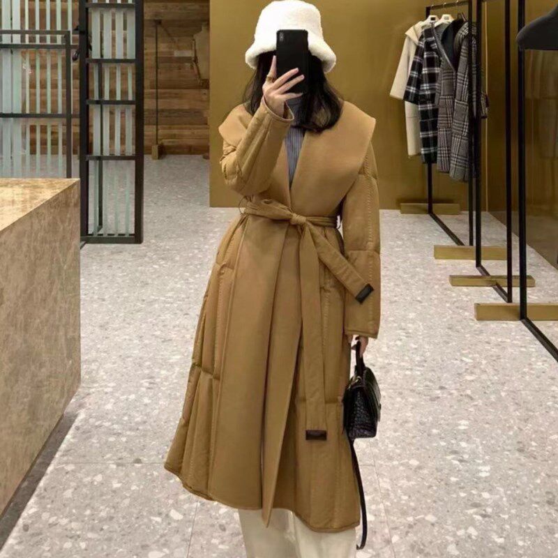 气质系带收腰羊绒双面呢拼接白鹅绒羽绒服中长款外套女大衣2024冬