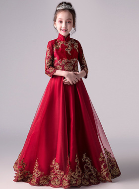 大码胖女孩红色晚礼服公主裙女大童蓬蓬纱花童钢琴演出服小主持人