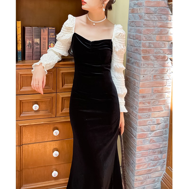 鹿与玫瑰宫廷风法式复古红色丝绒连衣裙气质修腰显瘦小礼服长裙女