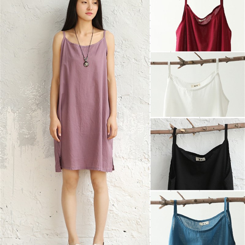 棉麻女装2024夏宽松文艺百搭打底中长款背心全棉大码吊带衬连衣裙