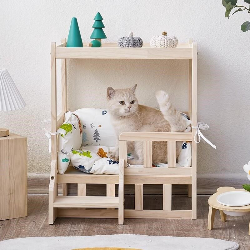 四季通用实木猫床双层宠物床木质床头柜可拆洗上下铺双层床猫窝