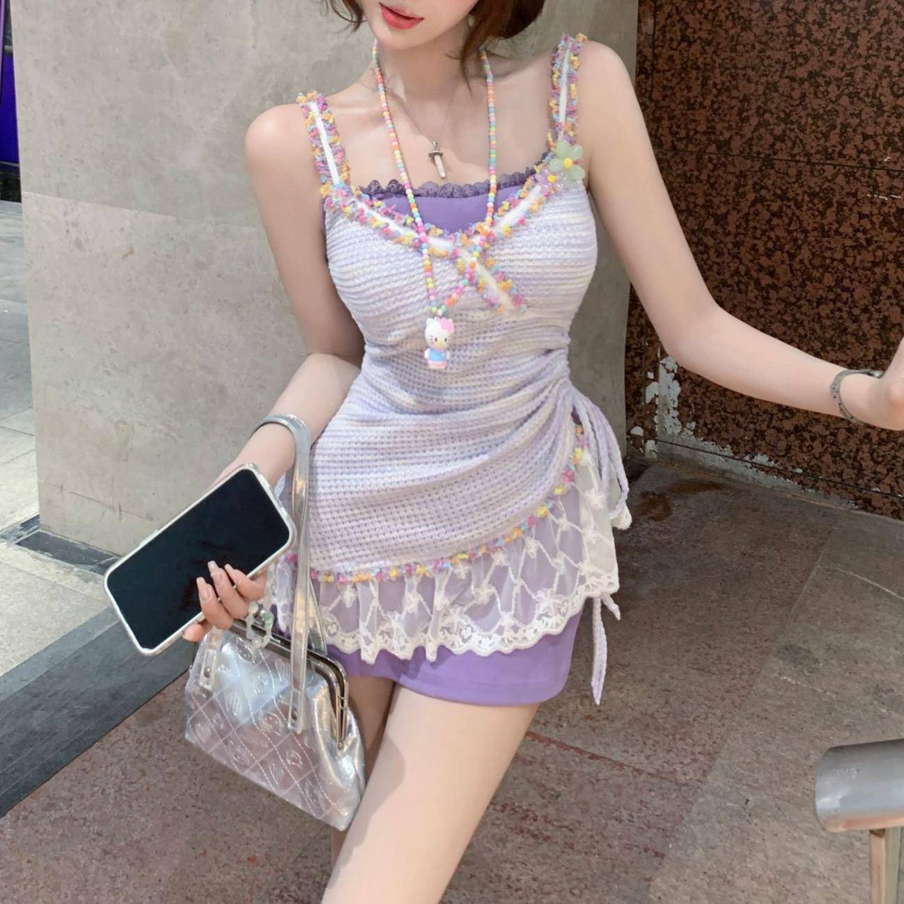法式甜美纯欲风蕾丝拼接吊带背心连衣裙女夏新款显瘦不规则两件套