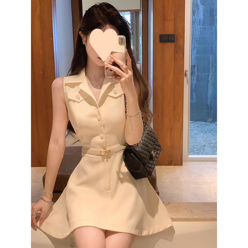 夏季新款法式纯欲风高级感无袖衬衫连衣裙子女设计感收腰气质
