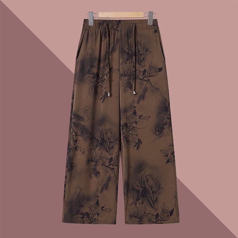 中年妈妈夏季薄款阔腿裤垂感九分裤宽松休闲中老年人女裤冰丝裤子