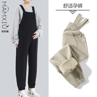 孕妇背带裤秋季外穿宽松春秋款大码吊带裤秋O冬装加绒直筒休闲裤