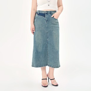 a字裙1339 胖m遮肚显瘦中长款 复古蓝开叉牛仔半身裙女高腰夏季 大码