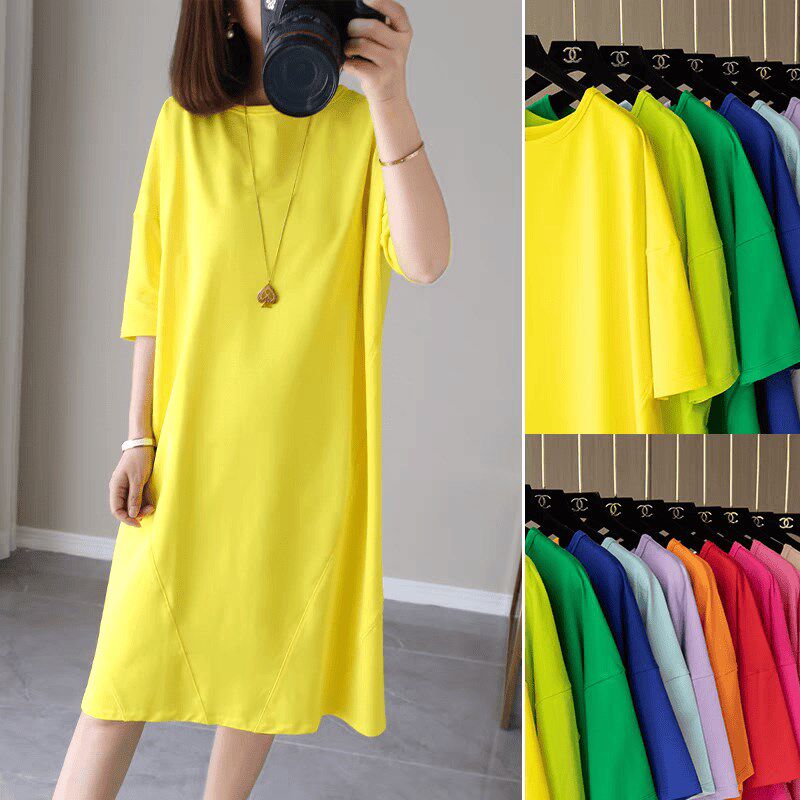 糖果色茧型圆领T恤裙连衣裙宽松中长款2024夏季新款纯色遮肉遮肚