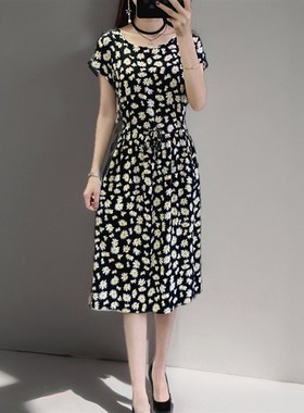 夏季新款印花棉绸连衣裙外穿女中长款系带收腰短袖碎花人造棉裙子
