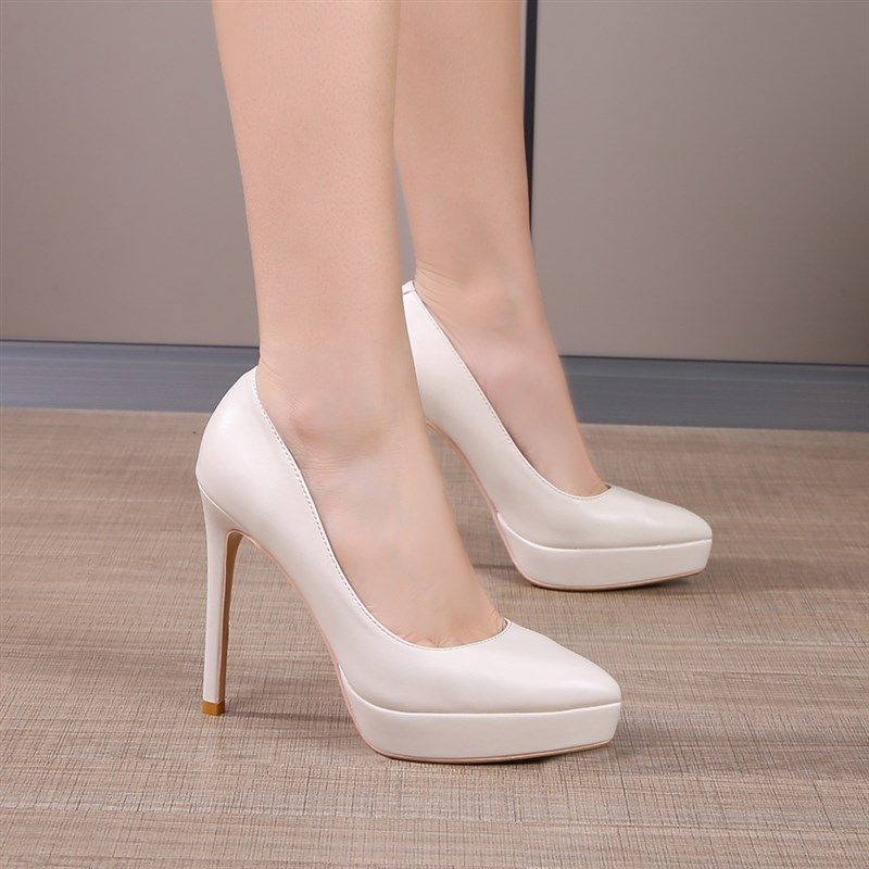 防水台高跟鞋女模特走秀尖头细跟单鞋12厘米真皮不累X脚白色软皮