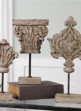 美式乡村复古木艺雕刻摆件客厅卧室茶几办公室三件套北欧个性创意