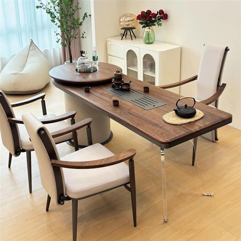 现代简约黑胡桃木茶桌椅组合新中式亚克力实木茶台茶几客厅泡茶桌