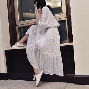 2020春夏季 蕾丝高腰白色休闲格子显瘦网纱百褶a字半身裙女 中长款