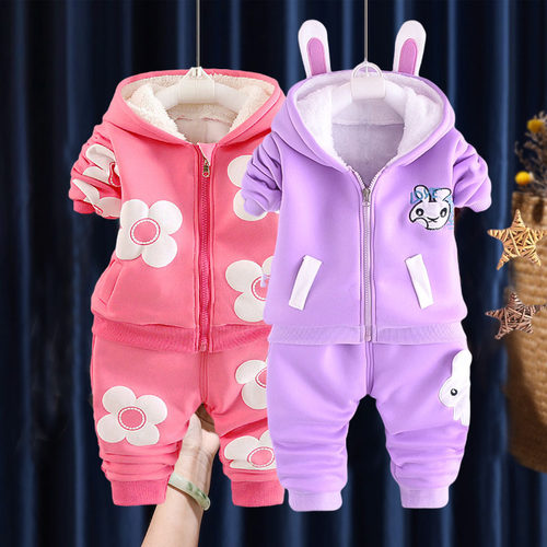 女童加绒加厚厚棉T套装女宝宝女宝2023新款初秋衣服秋季外套两件