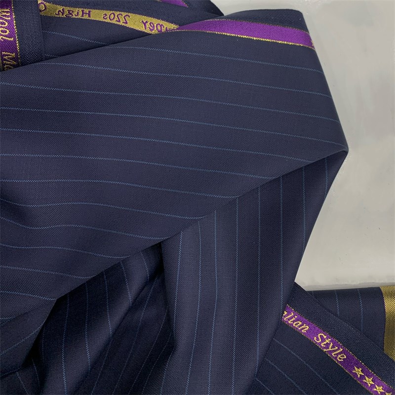 高档精纺羊毛西装面料蓝色条纹西装布料抗皱免烫裤子马甲毛涤布料