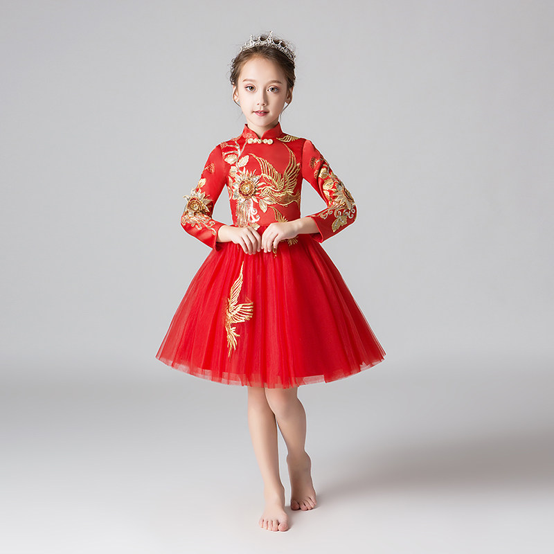 女童中式礼服公主裙红色加厚中国风儿童花童小主持人演出服秋冬季