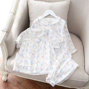 特卖儿童睡衣女童纯棉纱布春秋薄短袖长袖长裤三件套家居服空调服