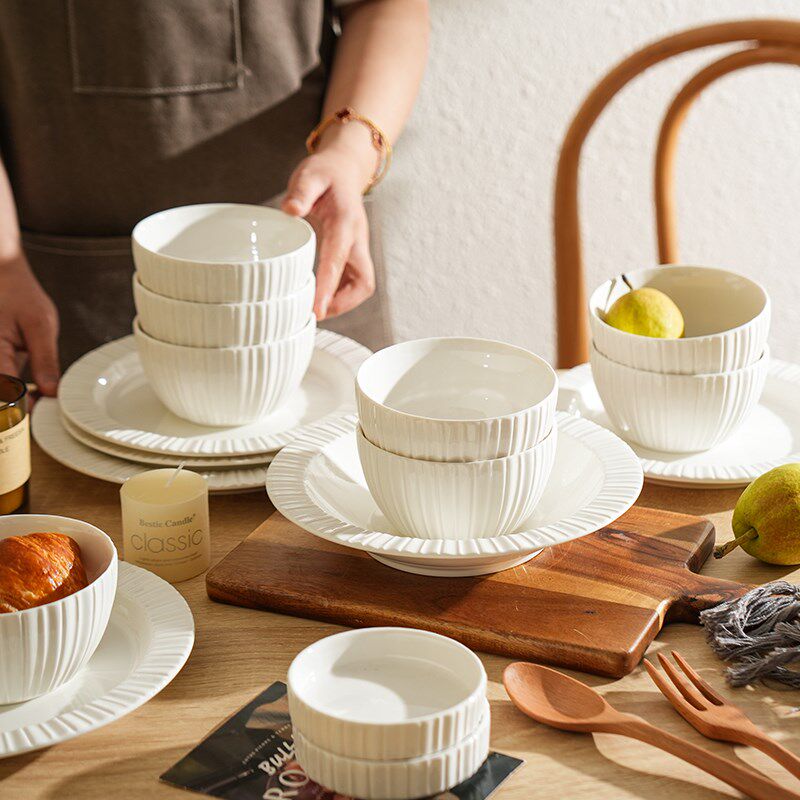 舍里白色陶瓷碗家用高级感吃饭碗米饭碗菜盘餐盘碗盘组合碗筷套装
