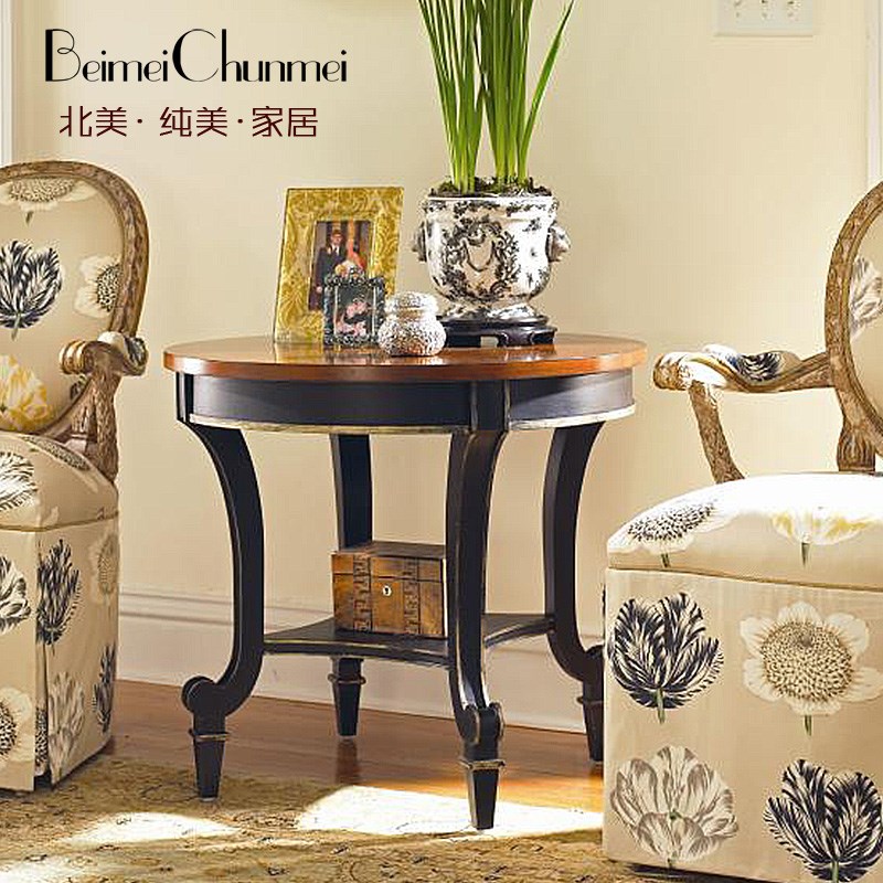 美式乡村沙发边几圆形洽谈桌客厅小茶几实木边柜角几装饰角柜定制