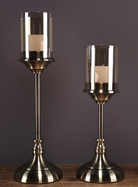 简约美式餐桌样板房软装饰品摆件新年烛光晚餐道具水晶金属蜡烛台