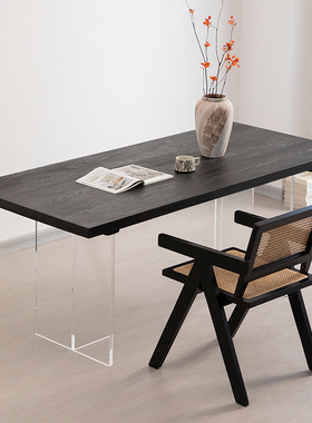 北欧实木悬浮黑色餐桌小户型家用书桌工作台胡桃色压克力大板桌子