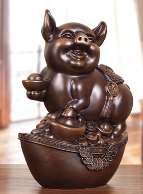 实木招财生肖猪摆件客厅玄关博古架办公室中式装饰福猪手工艺礼品