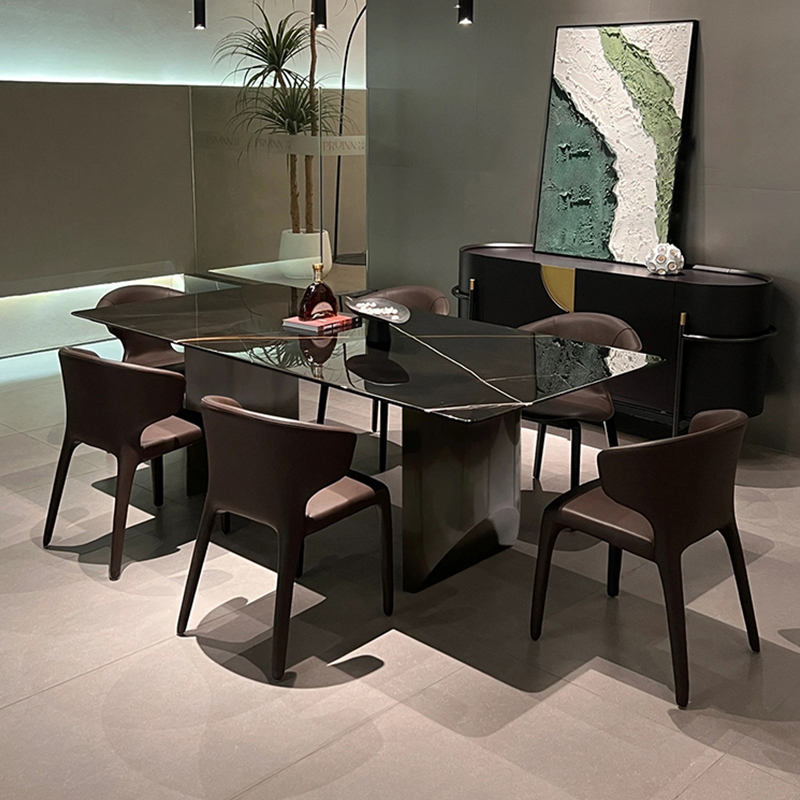 天然劳伦黑金奢石餐桌椅组合现代简约轻奢别墅家用长方形大理石桌
