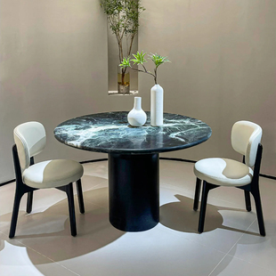 天然普拉达绿奢石餐桌椅组合现代简约轻奢高端别墅圆形大理石饭桌