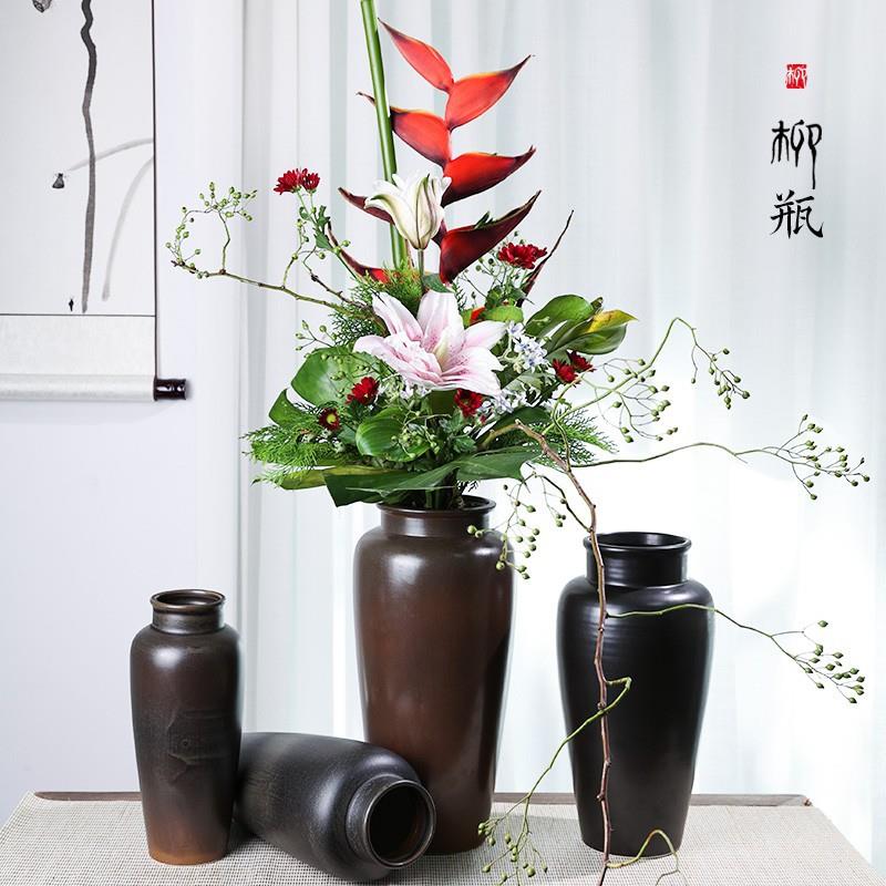 花瓶30cm剑山陶瓷中式插花花器中华花艺瓶花黑色柳瓶中号简约