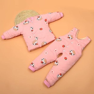 宝宝手工纯d棉花棉衣套装 外出 婴幼儿童加厚保暖背带裤 两件套冬季