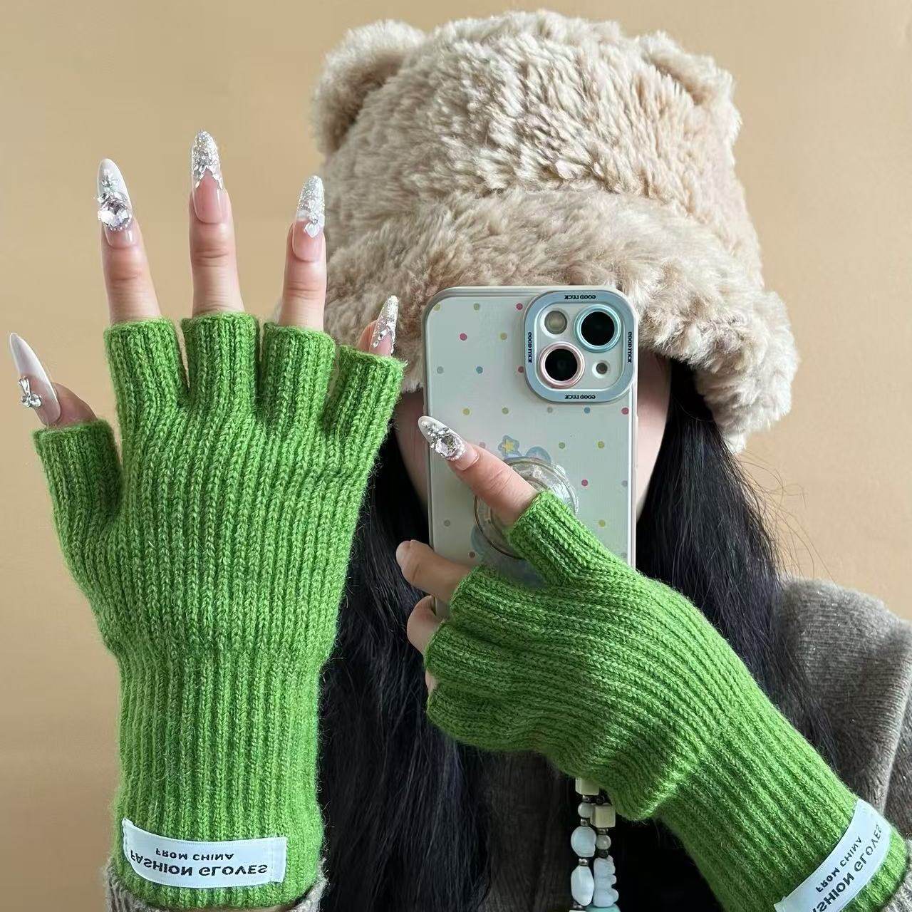 韩版ins风纯色半指手套秋冬季女防寒保暖露指头加长学生写字百搭