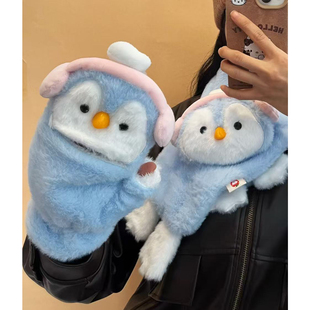 卡通企鹅造型加绒加厚男女手套连指企鹅毛绒保暖手套女孩礼物防寒