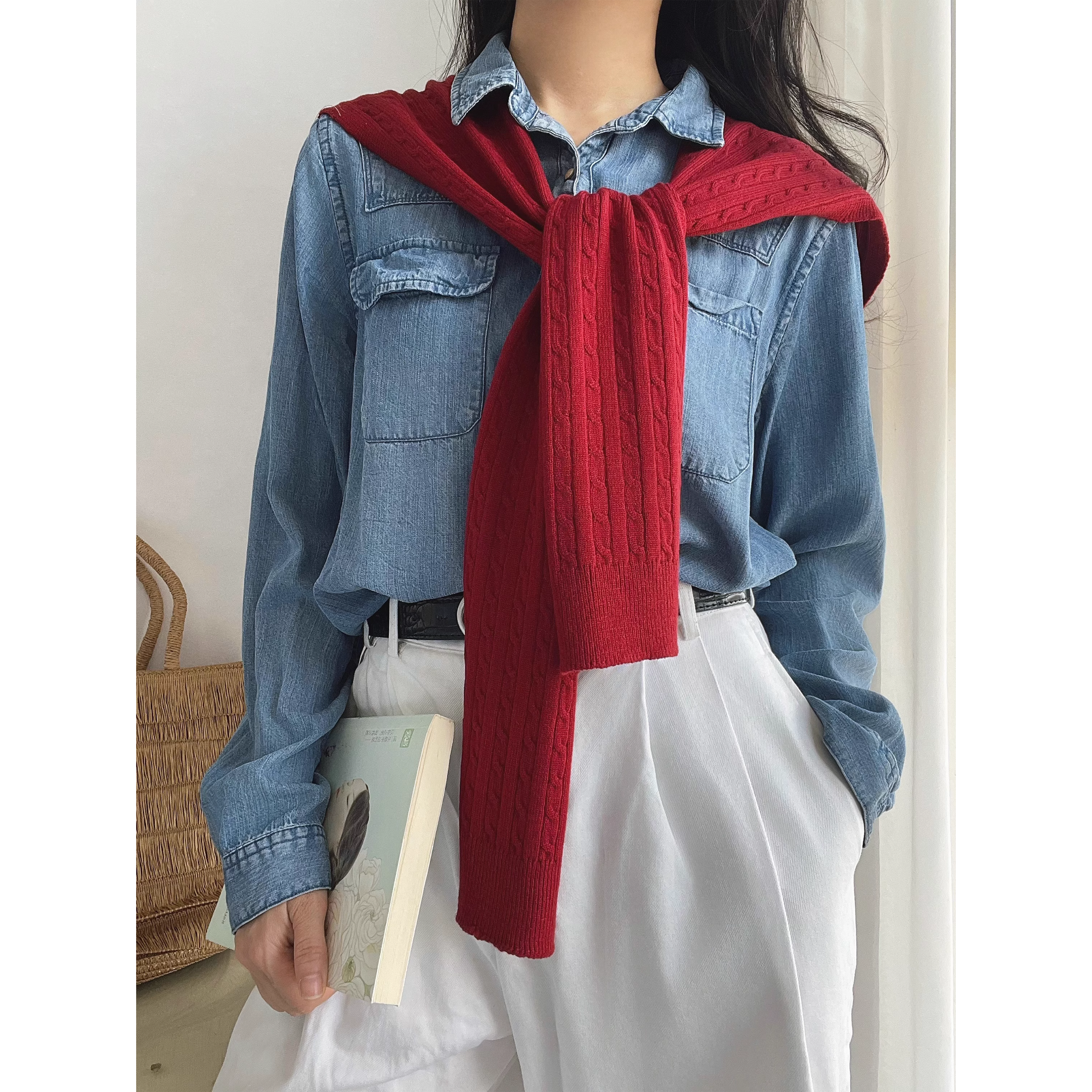 韩国ins风披肩红色叠穿小披肩经典绞花针织外搭时髦打结坎肩多色