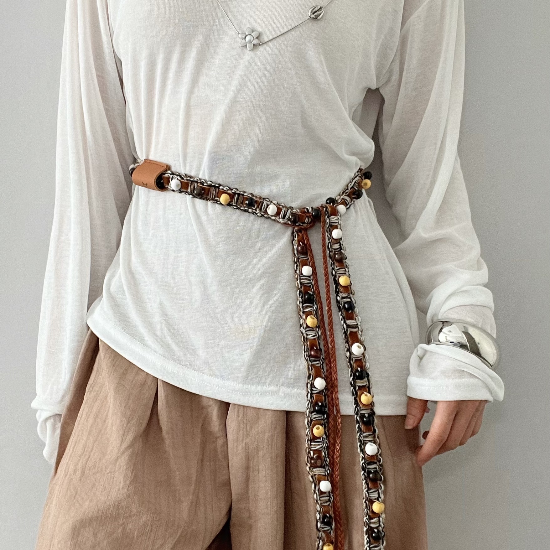 长款串珠编织腰绳棕色系复古时尚