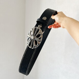 洛默半夏 Vintage中古暗黑铆钉雕花皮带小众男女做旧金属扣头腰带