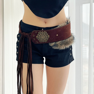 新中式风流苏系带毛毛腰带女款复古设计感装饰百搭宽版绒面腰封